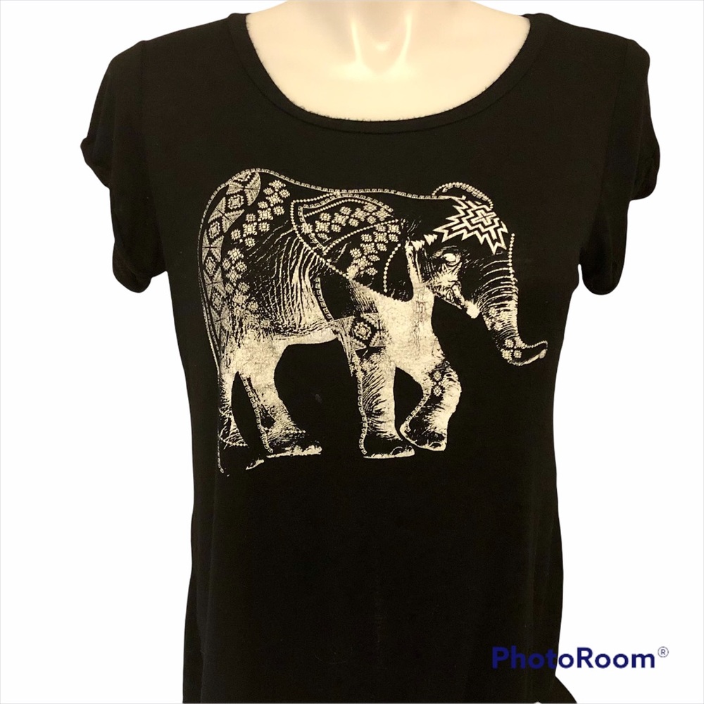 Rebel Sky Women's Large Solid Black T-Shirt Top Elephant Accent Short Sleeves
